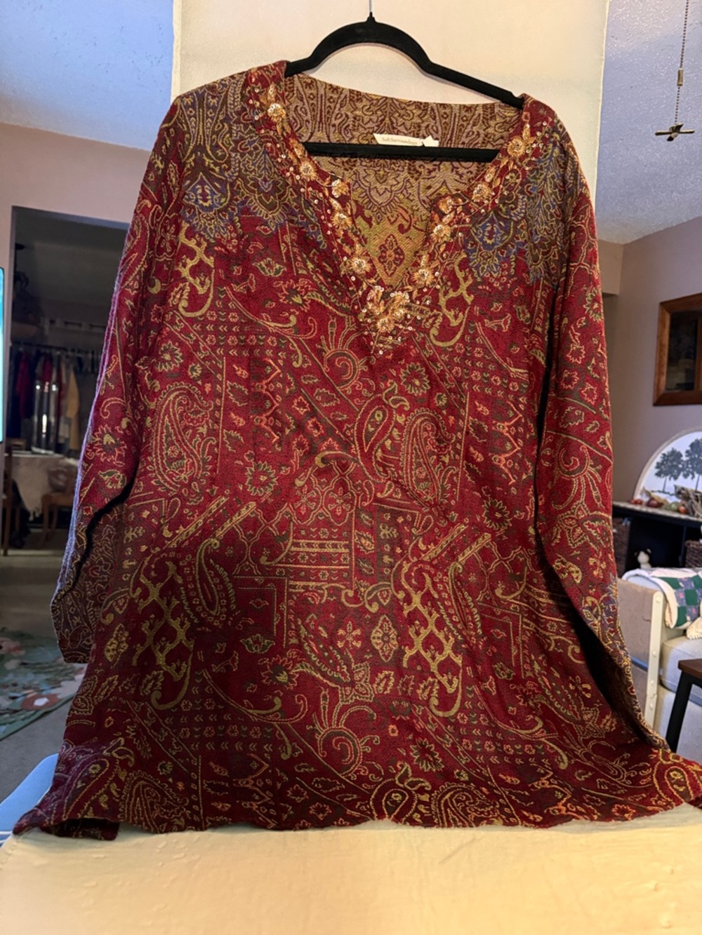 Soft Surroundings Burgundy Paisley Embellished V-Neck Tunic